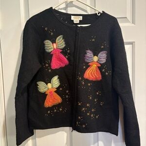 Talbots felted wool sweater cardigan zipper angels Christmas black sz M petite